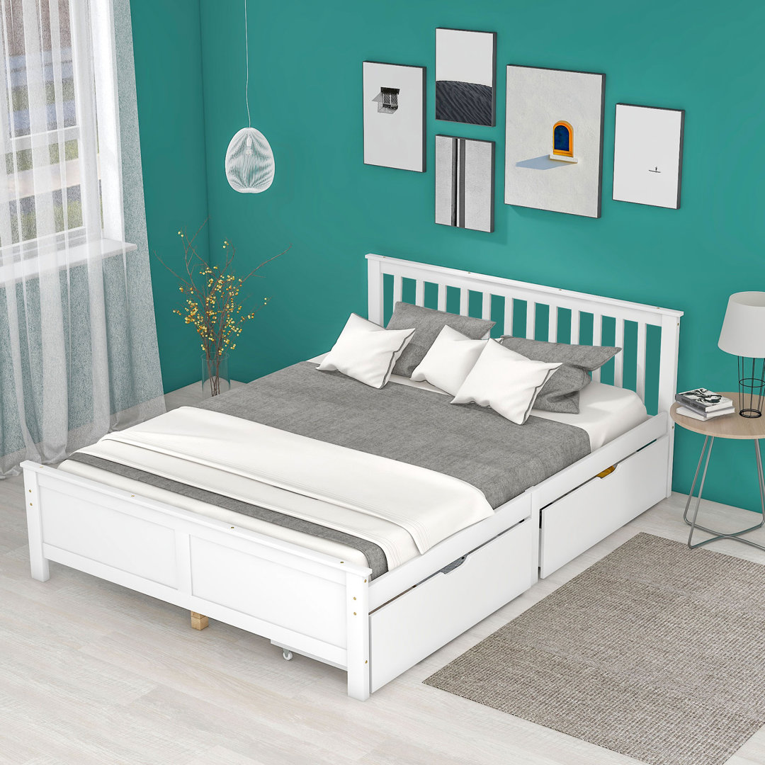 Children's bed with 2 drawers, wooden bed, white
