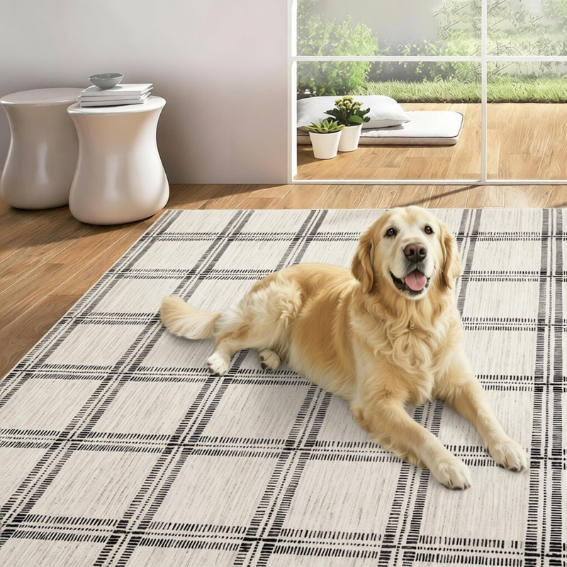 Rectangle Geometric Washable Area Rug, Beige, Runner 60 x 230 cm