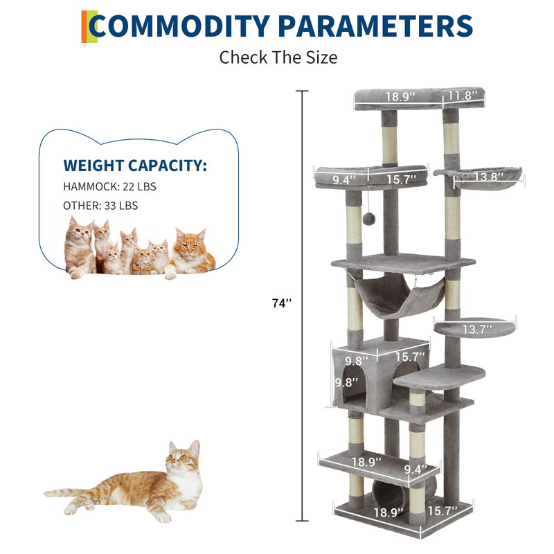 188cm H Cat Tree, Grey
