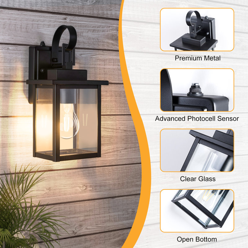 1 - Light 12''H Black Iron Tempered Glass Includes Bulb ETL Outdoor Wall Light with Dusk to Dawn