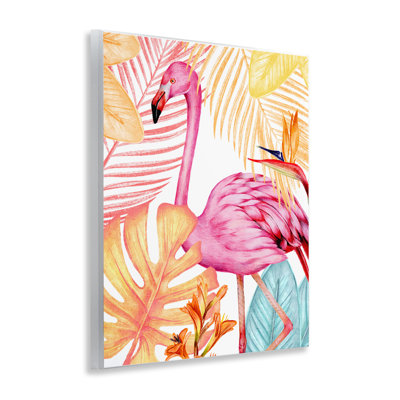 Art mural flamant rose et plantes aux couleurs vives, design par Kim Allen