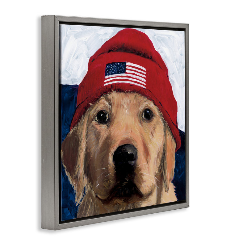 American Dog in Hat Floating Frame, conception de Wani Pasion, H 25 po x l 25 po, Cadre flottant gris lustré