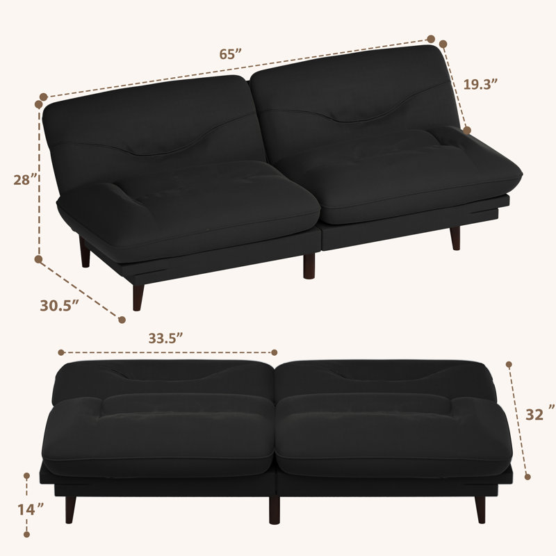 65” Futon multi-person sofa that can be converted into bed with adjustable back and ends, Black Linen