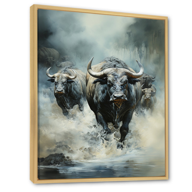 Kemaria, Afrique, Buffalo Migre II, reproduction sur toile, H 20 po x l 12 po x P 1 po, Cadre naturel flottant