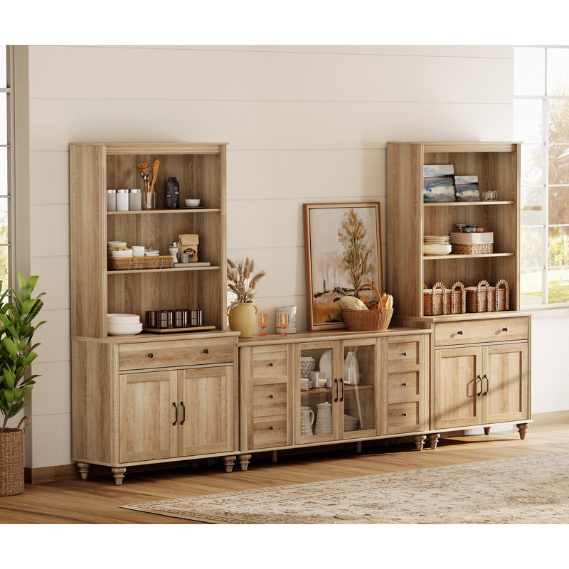 Corretta Sideboard Cabinet With Bar Hutch, Buffet Cabinet With 2 Drawers, 3 Tier Shelves, 2 Glass Doors And 6 Wood Doors, Oak, 125''