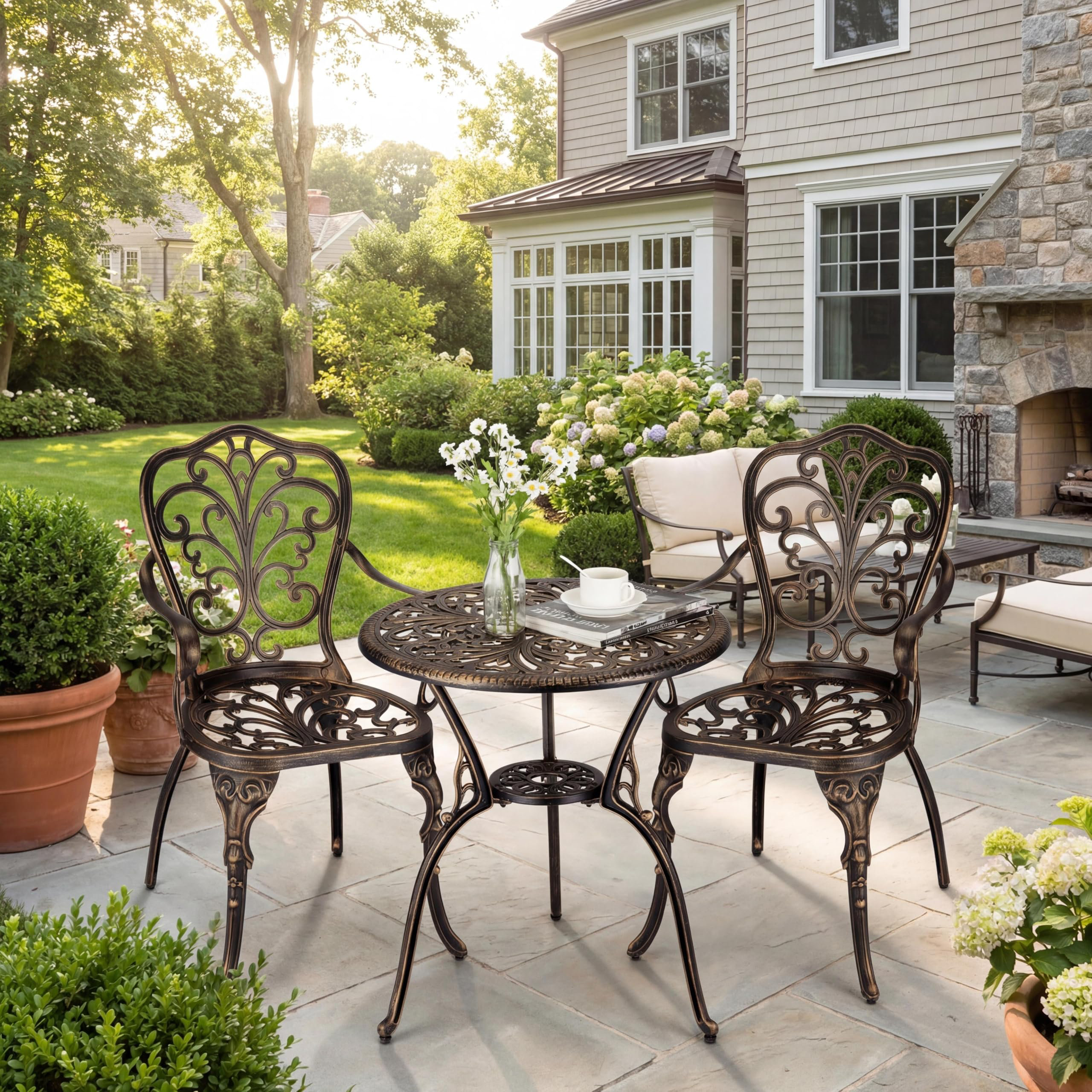 Astoria Grand 3 Piece Outdoor Bistro Set, Cast Aluminum Patio Table and ...