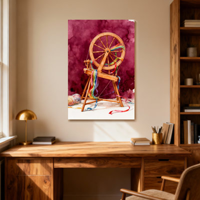 Christmas Spinning Wheel With Colorful Yarn And Red Background