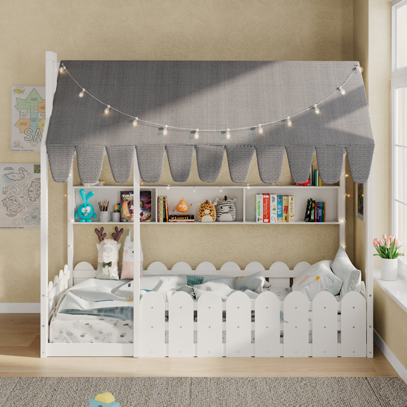 Lit simple sur pied avec 3 tablettes de rangement et garde-corps, Lit simple, Blanc