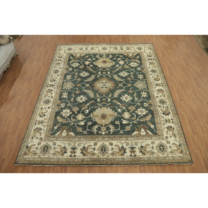 Grand tapis indien à motif floral vert Oushak 12 x 15