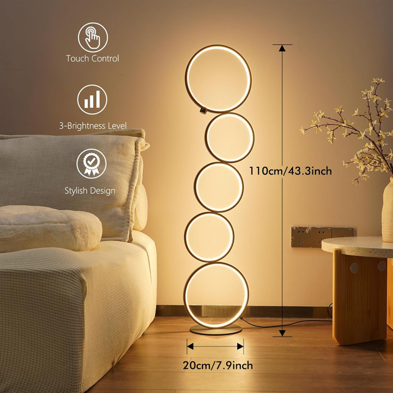 43.3" Modern LED Floor Lamp, Dimmable Circle Standing Lamp, Energy-Saving Design For Living Room, Bedroom, Office & Home