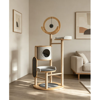 Modern Minimalist Wood & Metal Cat Tree with Sisal Post & Multi-Level Perches