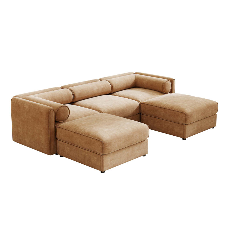 Élégant canapé en chenille avec siège de rangement et repose-pieds, dossier cylindrique en forme de U à 3 places et accoudoirs, canapé contemporain en tissu à 3 places avec compartiment de rangement caché