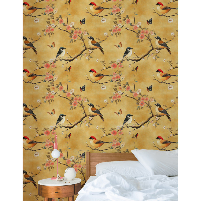 Rouleau de papier peint à motif de cerisiers en fleurs rétro avec motif floral jaune doré