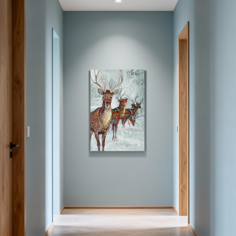 Animaux, renne dans un paysage d'hiver enneigé avec harnais, H 40 po x l 28 po