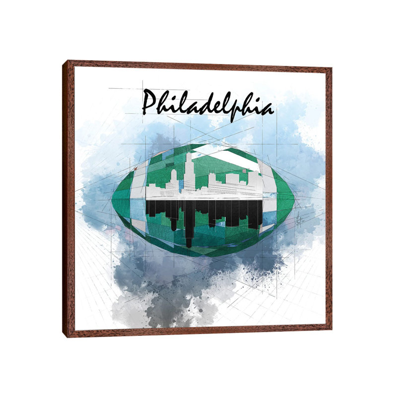 Football Philadelphia Skyline by Katia Skye - Print on Canvas, 66.04cm H x 66.04cm W x 3.81cm D, Classic Brown Wood Framed