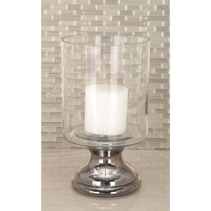 Glass Handmade Turned Style Pillar Silver Hurricane Lamp with Smoked Glass Finish