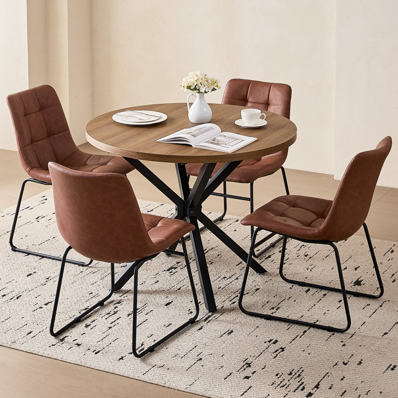 Ensemble de salle à manger 5 pièces rond moderne, table en bois brun 39 po avec 4 chaises en similicuir