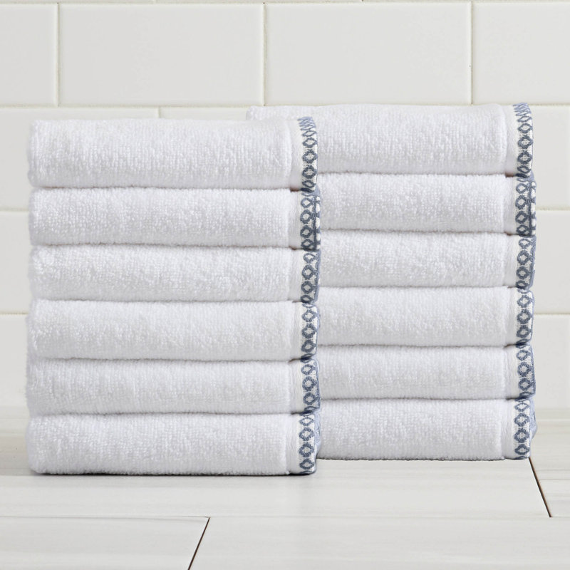 Ensemble de serviettes de bain décoratives en coton léger, Essuie-mains - paquet de 12, Blanc / bleu chambray