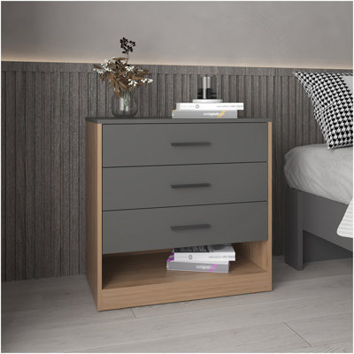 Commode à trois tiroirs et tablette ouverte de 27 po de hauteur Alder, chambre à coucher, vestibule, panneau latéral, gris mat - chêne naturel