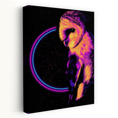 Neon Owl Cosmic Abstract Contemporary Bird Owl Forest Landscape Wall Art Print 1 Piece Wrapped Canvas Wall Art
