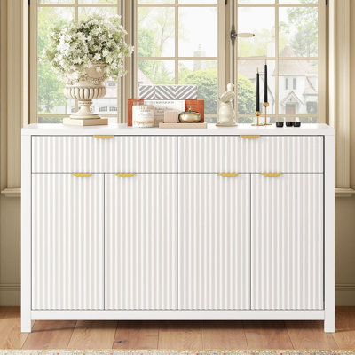 Modern 55.1'' Sideboard Buffet Cabinet with 2 Drawers & 4 Doors, Adjustable Shelves, Wave-Pattern Design, Aluminum Handles, Painted MDF, Scandinavian Storage for Dining Room, Living Room
