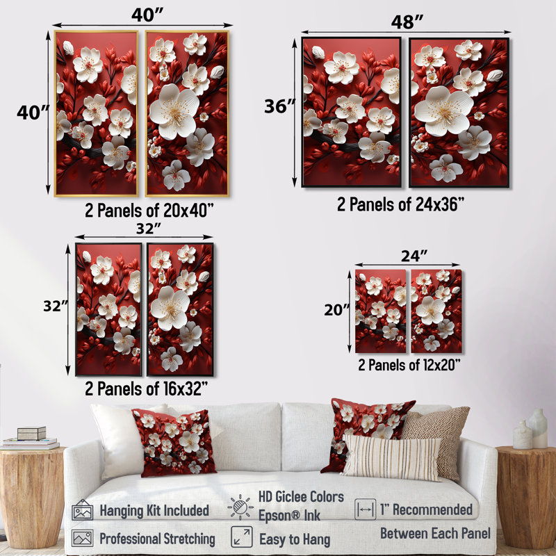 Branches de fleurs d'orchidées blanches et rouges I - mauve, impressions sur toile traditionnelles 2 pièces, Doré