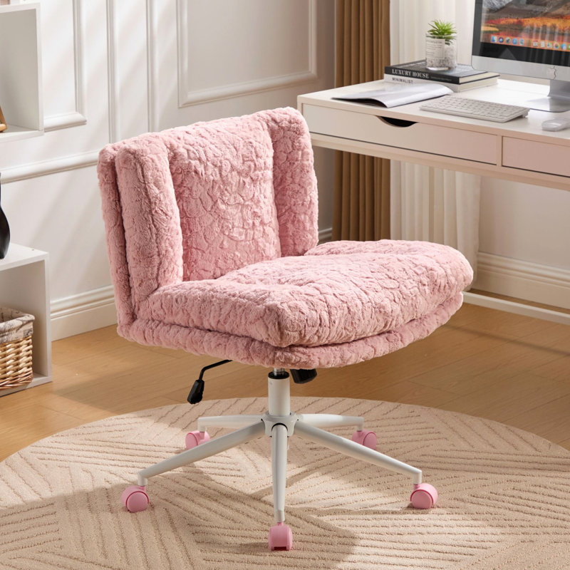 Chaise de bureau rose en fausse fourrure avec siège de 26,4 pouces, inclinaison réglable, pivotant à 360 degrés, pour chambre à coucher et meuble-lavabo