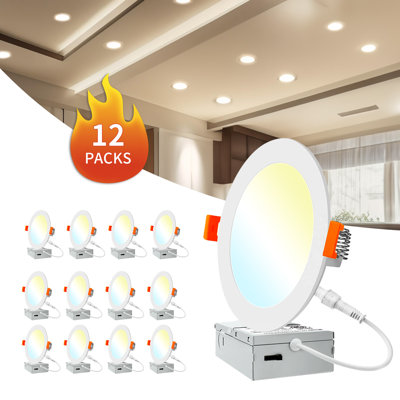 12 Pack 6 In. 5cct Ultra-thin Integrated Led Recessed Ceiling Light With Junction Box, 1050lm, Dimmable, 12w, Etl