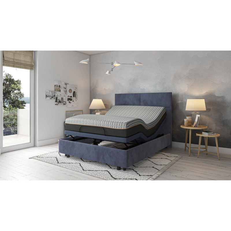 Très grand lit réglable avec réglage de la position de la tête et des pieds, télécommande sans fil, 2 ports, 3 positions préréglées, massage, lumières DEL sous le lit, boîte de batterie de secours, base à 31 pieds avec réglage