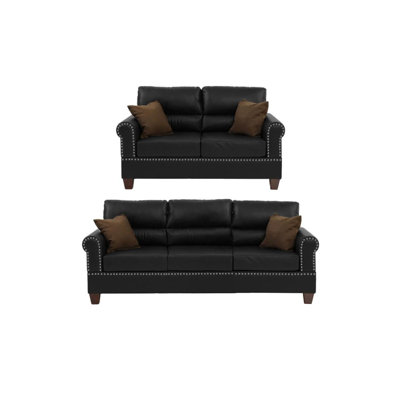 Ensemble de canapé en cuir retravaillé noir 2 pièces pour canapé et causeuse