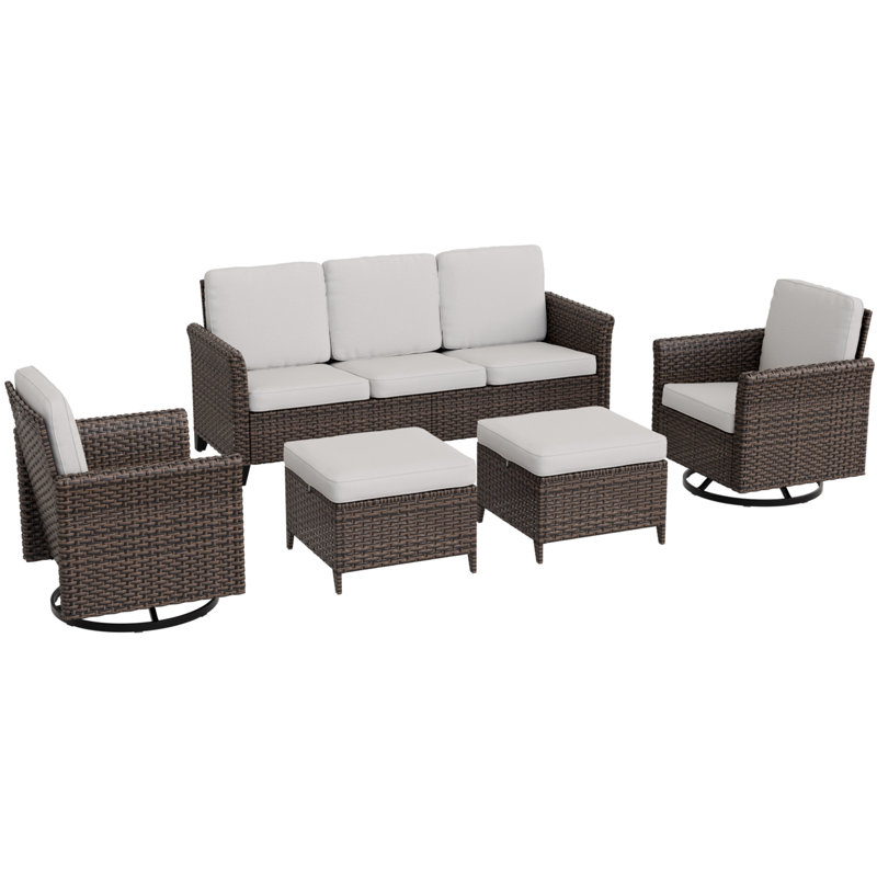 5-Piece Spacious Seating Swivel Chair Seating Group Patio Multi-brown Wicker Rattan Sofa Set with Cushions, Beige