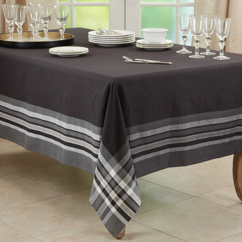 Black Cotton Rectangular Tablecloth with Striped Border