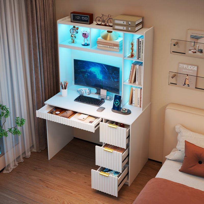 Bureau d'ordinateur à 4 tiroirs avec tablettes et éclairage à DEL, bureau à domicile avec station de charge, Blanc