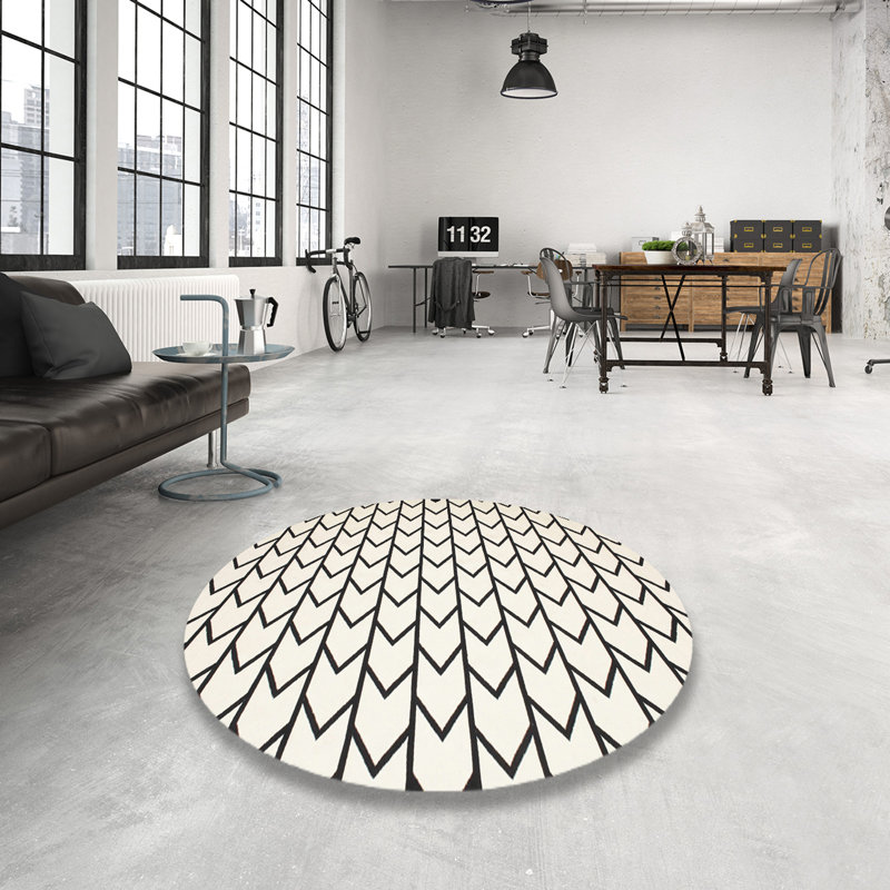 Tapis contemporain blanc / noir, Rond 7 pi