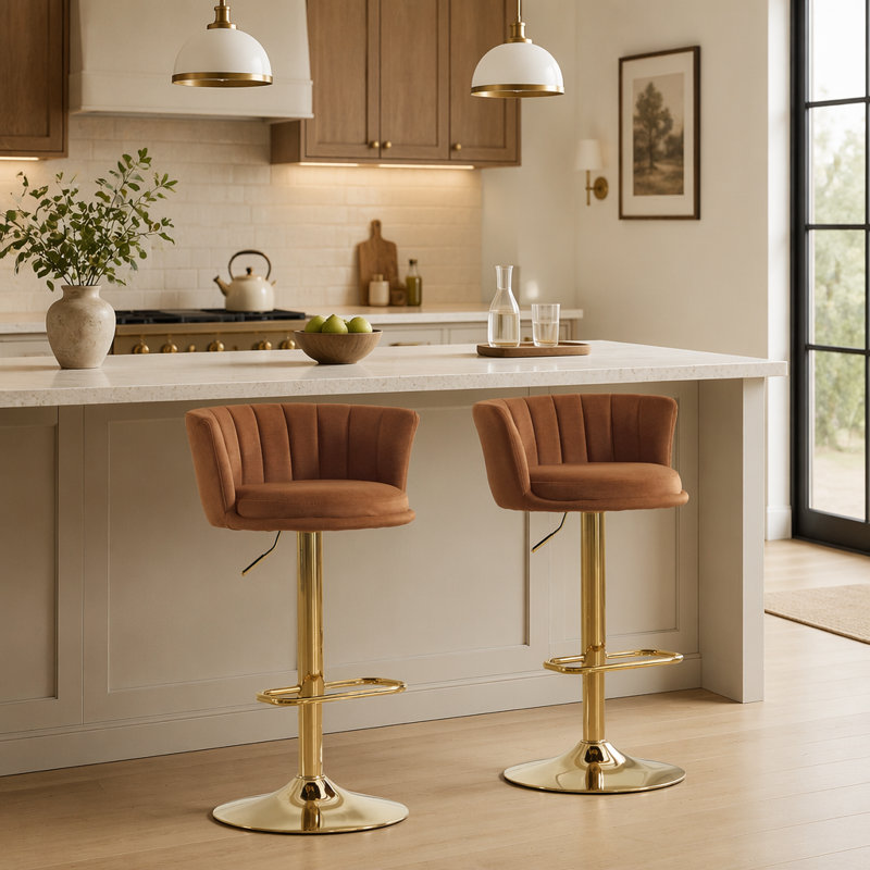 Ensemble de 2 tabourets de bar pivotants réglables avec repose-pieds chromé, siège en velours et pieds dorés pour une assise confortable et un décor moderne