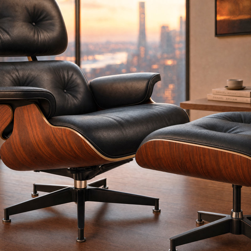 Méridienne pivotante en cuir véritable avec repose-pieds en bois véritable pour le salon, Noir / bois d'acajou