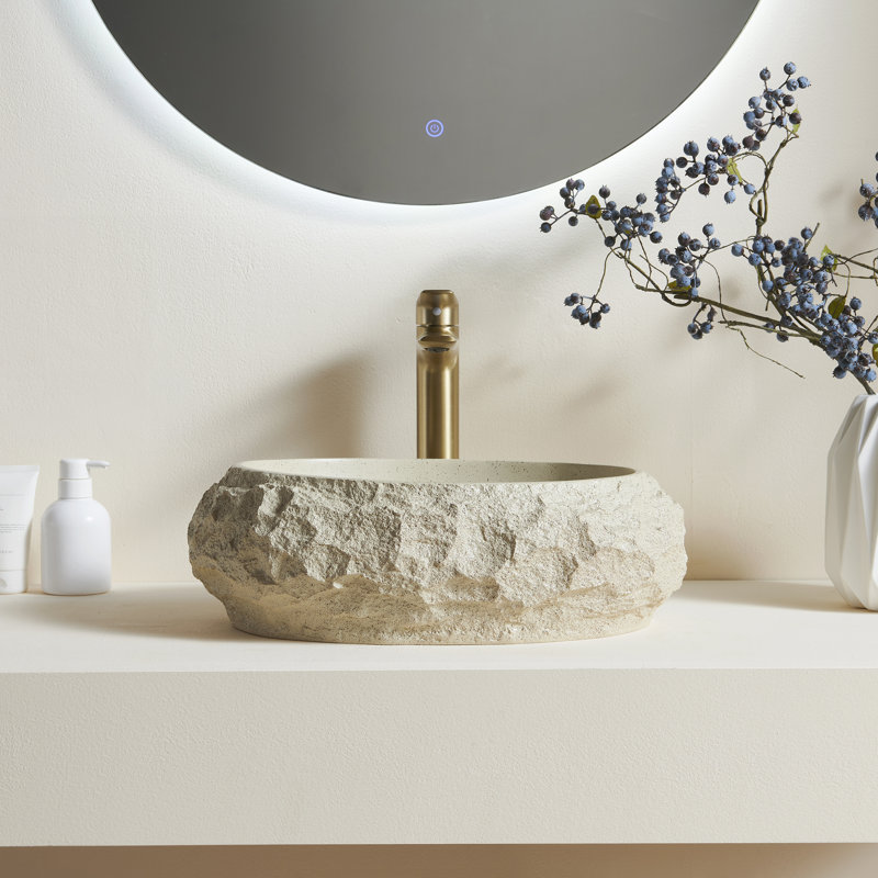 Luna 18'' Bathroom Sink, Irregular Oval Resin Vessel Basin With Stone Pattern, Artistic Style Sink, No Faucet, Beige Color 