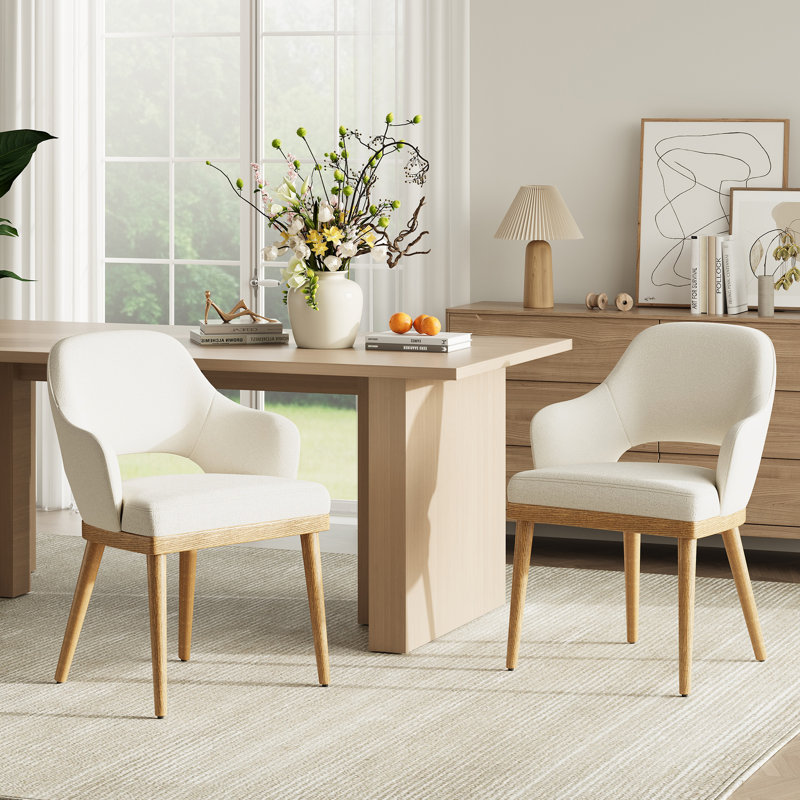 Modern Upholstered Dining Accent Chair with Wooden Legs, Beige, Natural Wood