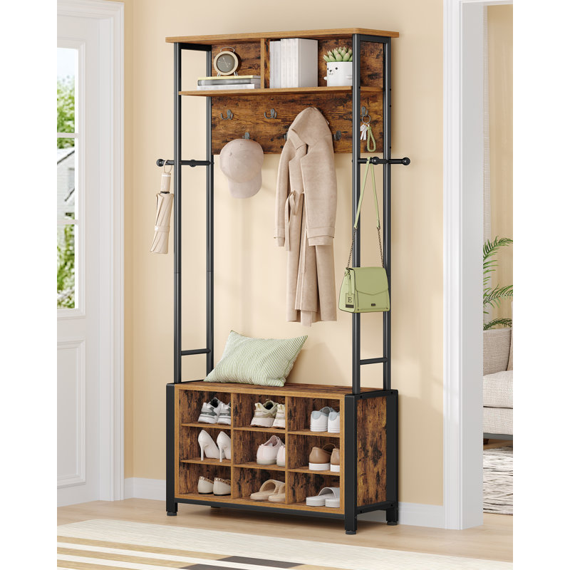 Coat Rack with Shoe Storage, Hall Tree with Bench, Coat Stand with 11 Open Compartments for Hallway, Adjustable Shelves, 11 Hooks, Top Storage for Living Room