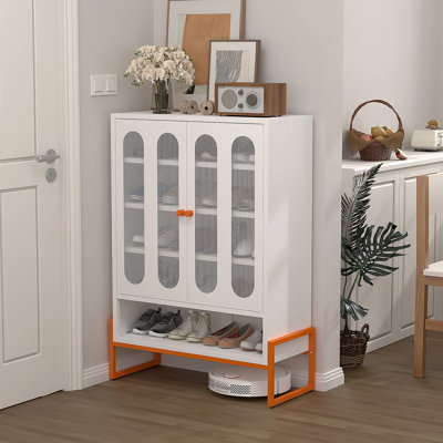 Armoire à chaussures moderne à double porte minimaliste avec portes réglables en maille et armoire de rangement à haut pied creux, compatible avec les aspirateurs robotiques