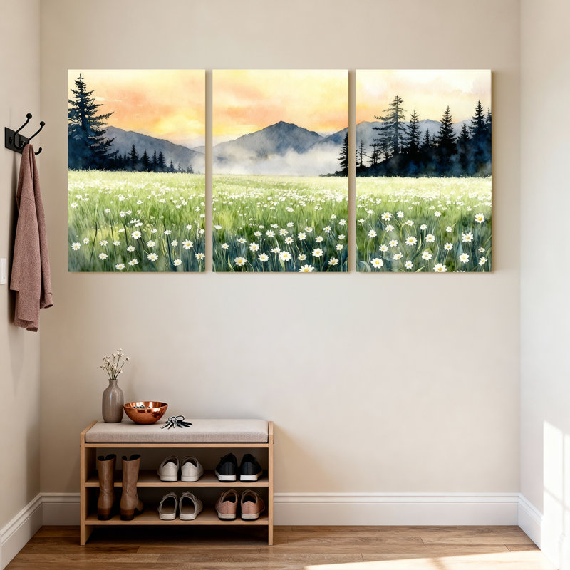 Ensemble de 3 tableaux sur toile tendue représentant un paysage de montagne dans un champ de marguerites, H 24 po x l 48 po