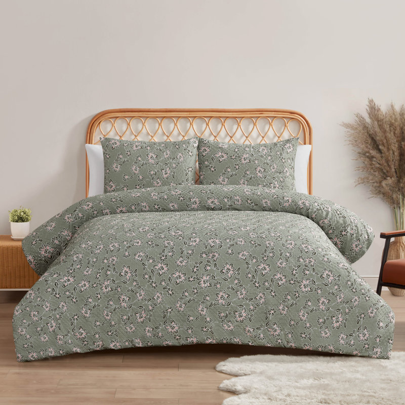 Sage Green Botanical Embossed Twin/Twin XL Polyester Duvet Cover Set