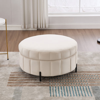 31.5"W Upholstered Round Ottoman With Reversible Lid, Velvet Storage Stool, Channel Tufted Pumpkin-Shape Footstool For Living Room, Bedroom And Office, Beige