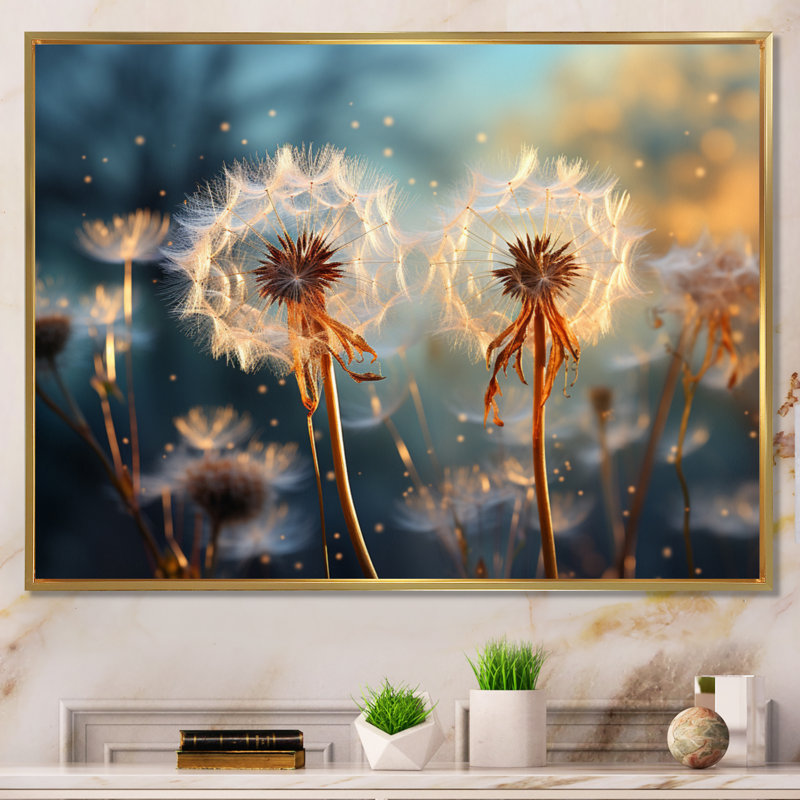Dandelion Morning Moments II - Floral Canvas Prints, Cadre flottant doré, H 24 po x l 32 po x P 1 po