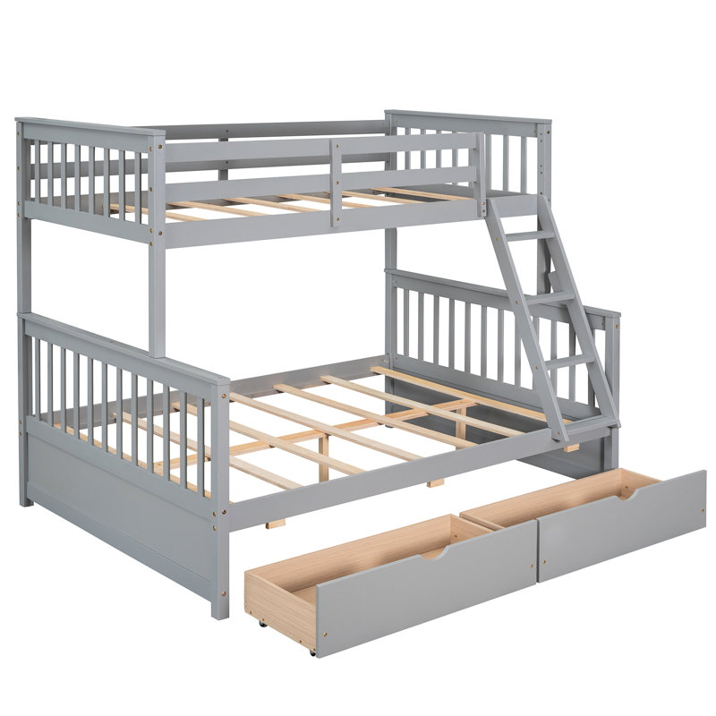 Lit superposé simple Safe, gris, avec garde-corps et tiroirs en bois massif pour la chambre à coucher, Lit double, Gris