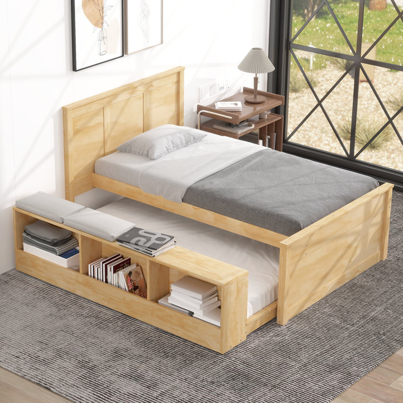 Lit plateforme moderne en bois massif avec couchette coulissante et compartiments de rangement latéraux Oiven, Lit simple