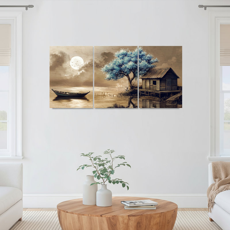 Ensemble de 3 tableaux sur toile tendue représentant un paysage de lac au clair de lune avec bateau, arbre et cabane
