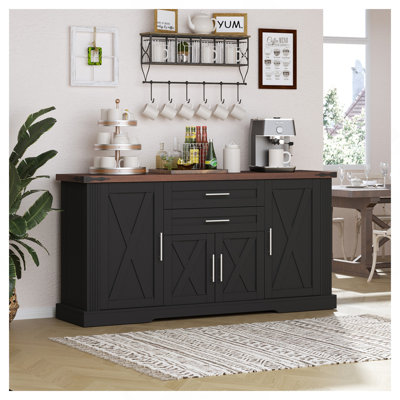 63" Farmhouse Barn Door Storage Cabinet with 2 Drawers & Door Rack, Large Buffet Table Coffee Bar Cabinets with Adjustable Shelves for Kitchen, Living