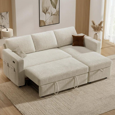 Canapé-lit d'angle en forme de L de 206 cm avec lit gigogne et méridienne de rangement, chenille