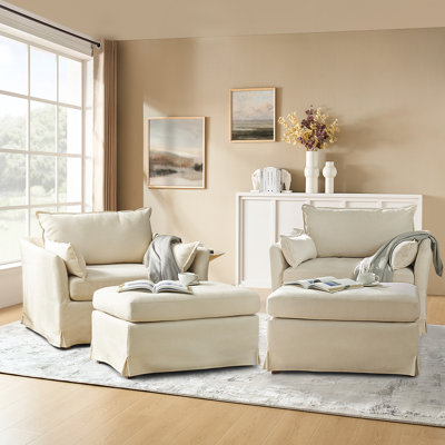 Cario 45"W Farmhouse Oversized Slipcovered Armchair With Ottoman and Casters